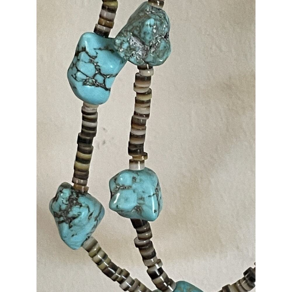 Double Strand Zuni Turquoise Nugget Handcut Heishi Native American Necklace - Picture 7 of 13
